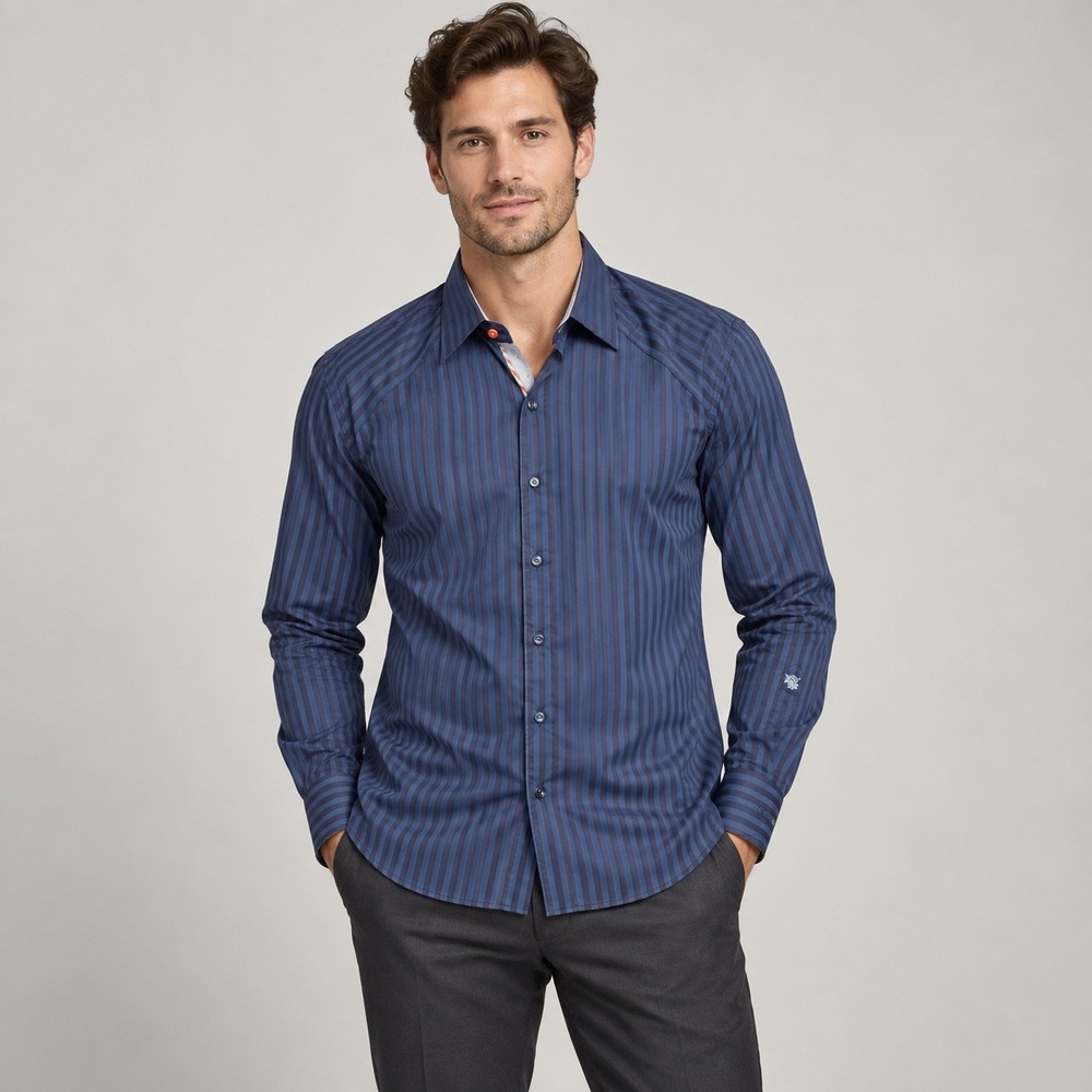 Stone Rose Dress Shirt Mens Large Navy Tonal Stripe Cotton Contrast Trim NWT